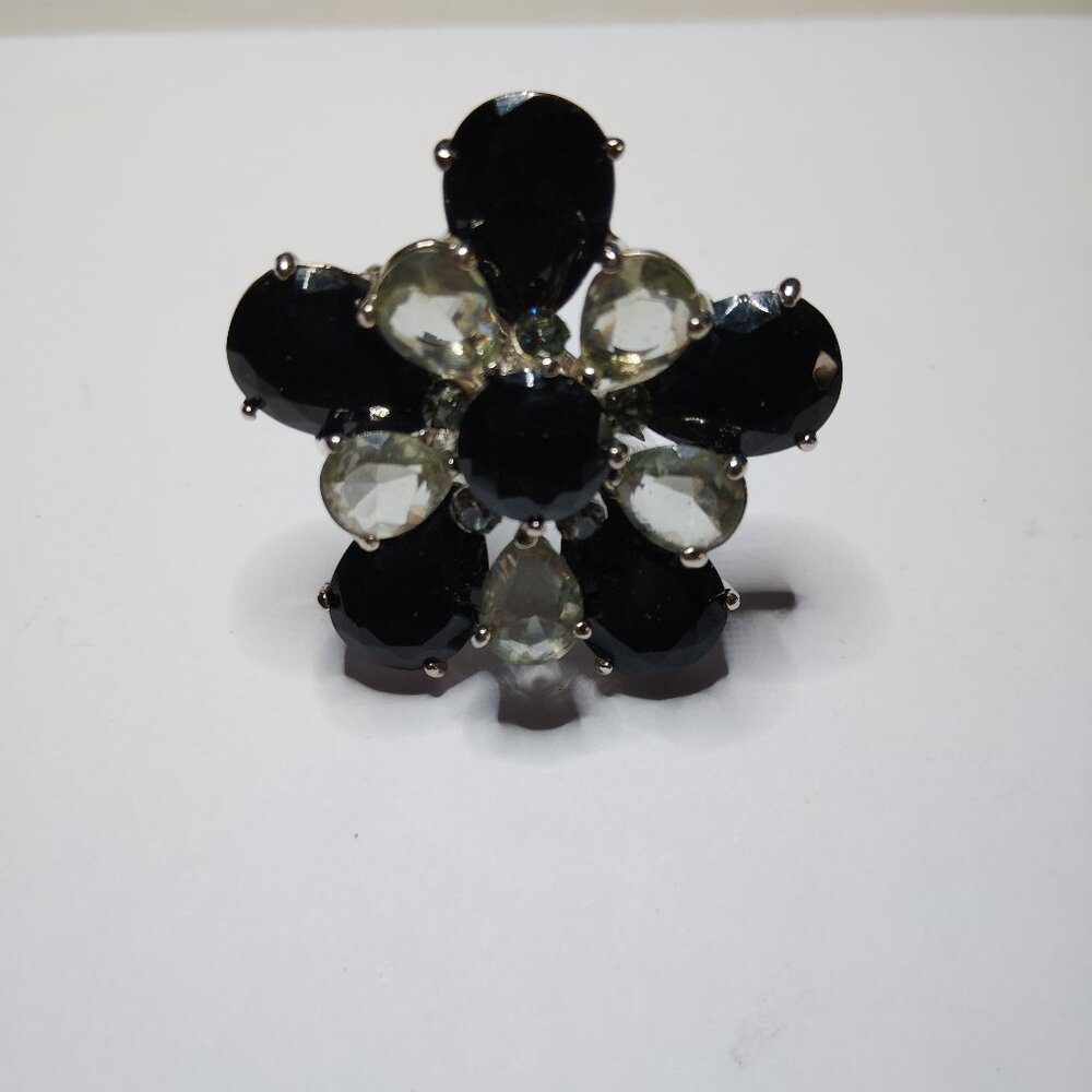 Bold Black & Clear Faceted Rhinestone Cocktail Ring w/ Sizer Insert